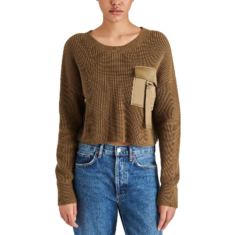 Womens Ribbed Trim Buckle Crewneck Sweater